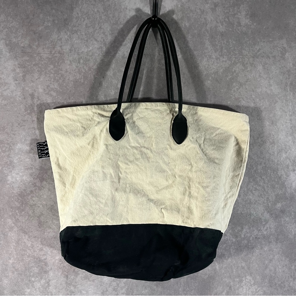 SAKS Fifth Avenue Tote Bag Ivory Black‎ Bottom & Handles Books School *See Desc*